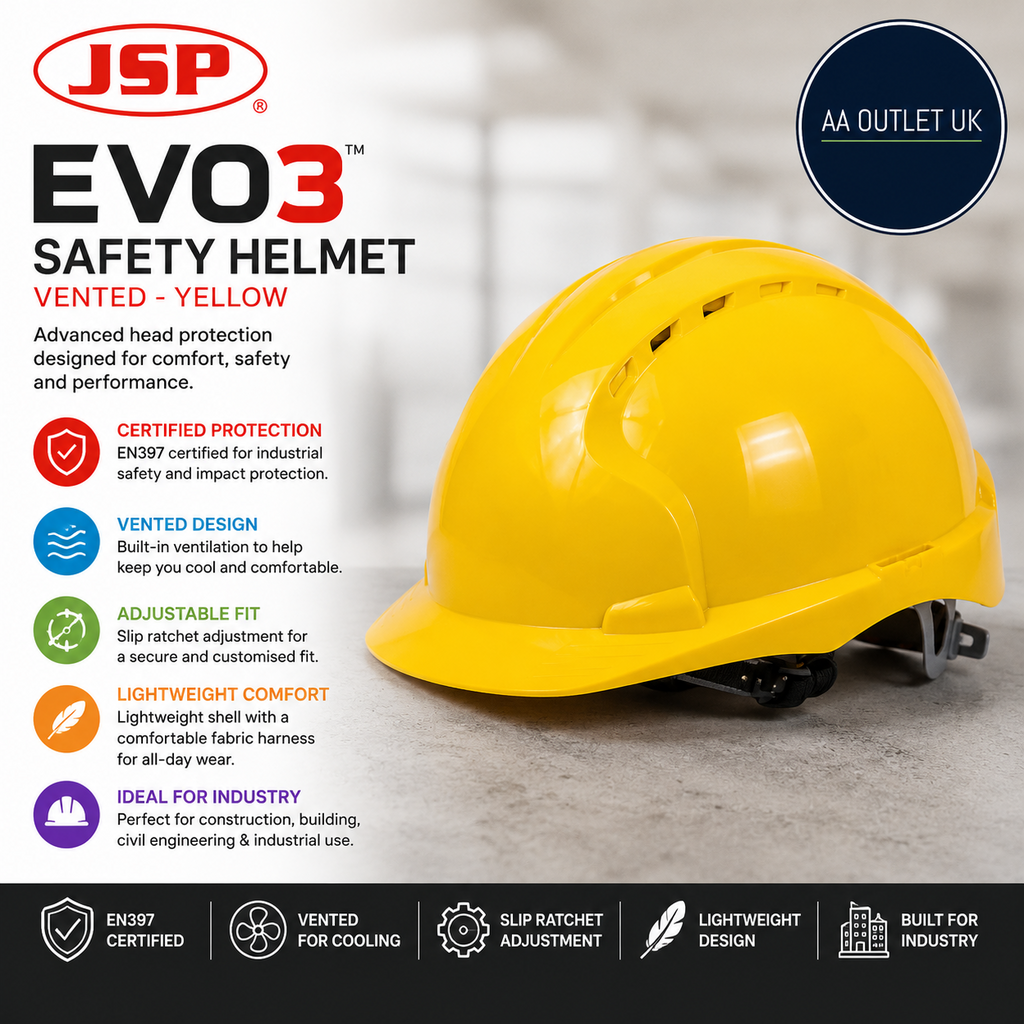 JSP EVO3 Safety Helmet Hard Hat Vented Yellow Slip Ratchet Adjustment EN397