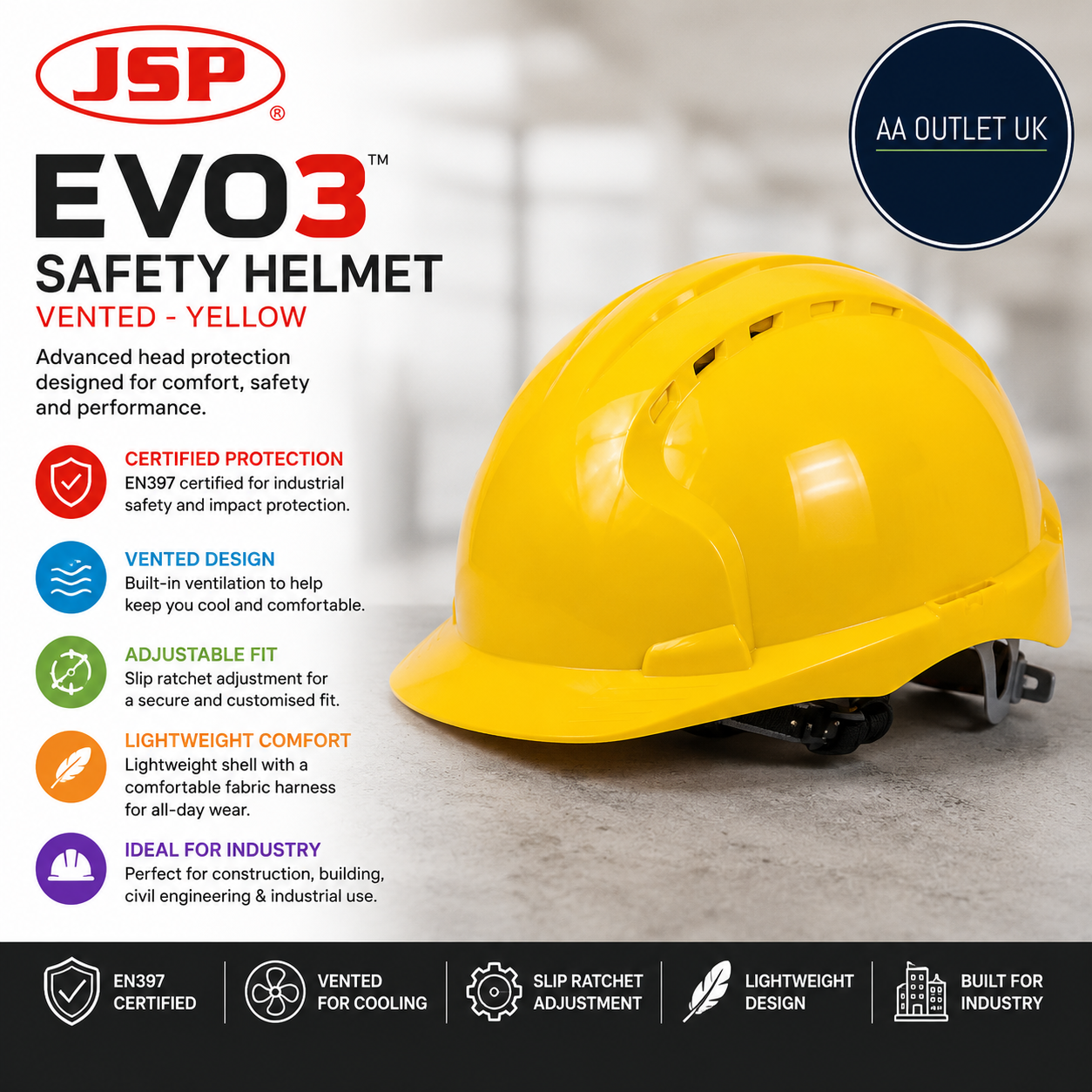 JSP EVO3 Safety Helmet Hard Hat Vented Yellow Slip Ratchet Adjustment EN397