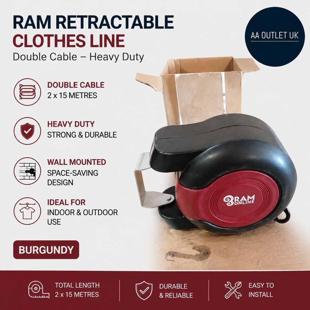 Ram Retractable Clothes Line With Double Cable Heavy Duty Wall Mounted 2x15m