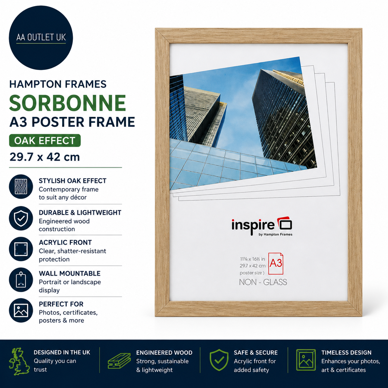 Hampton Frames Poster Sorbonne A3 Oak Effect 29.7x42cm Engineered Wood