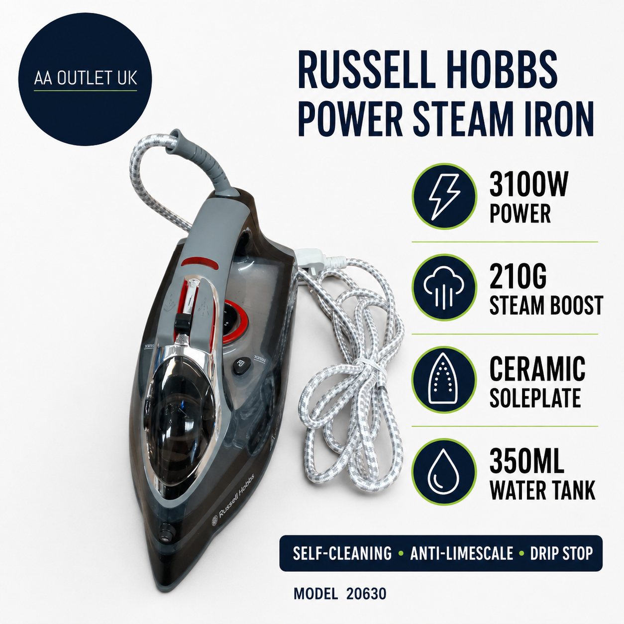 Russell Hobbs Steam Iron 3100w 210g Min Extra Steam Boost 350ml Durable