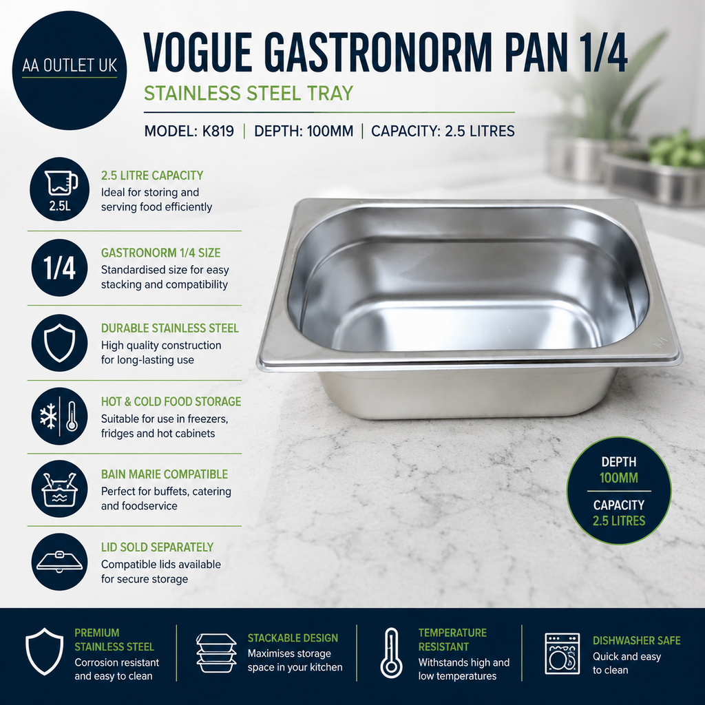 Vogue Gastronorm Pan 1/4 Stainless Steel Tray Depth 100mm Capacity 2.5L K819