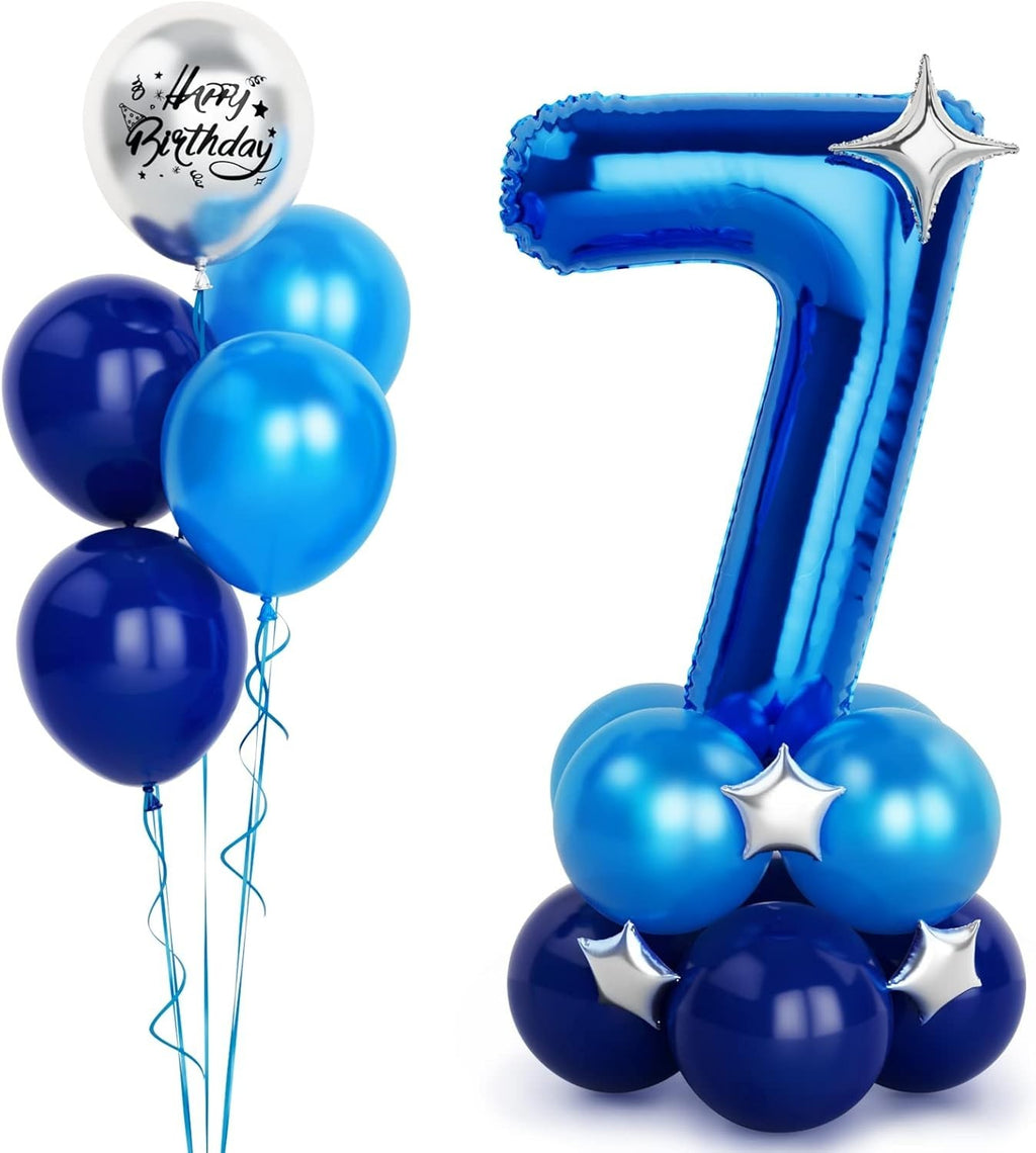 40in Blue Number 7 Balloons Happy Birthday Metallic & Star Self Inflating New
