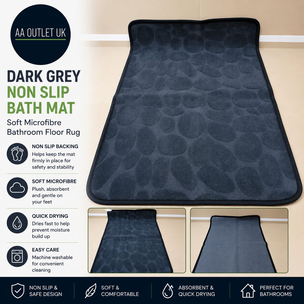 Dark Grey Non Slip Bath Mat Soft Microfibre Bathroom Floor Rug Large Design