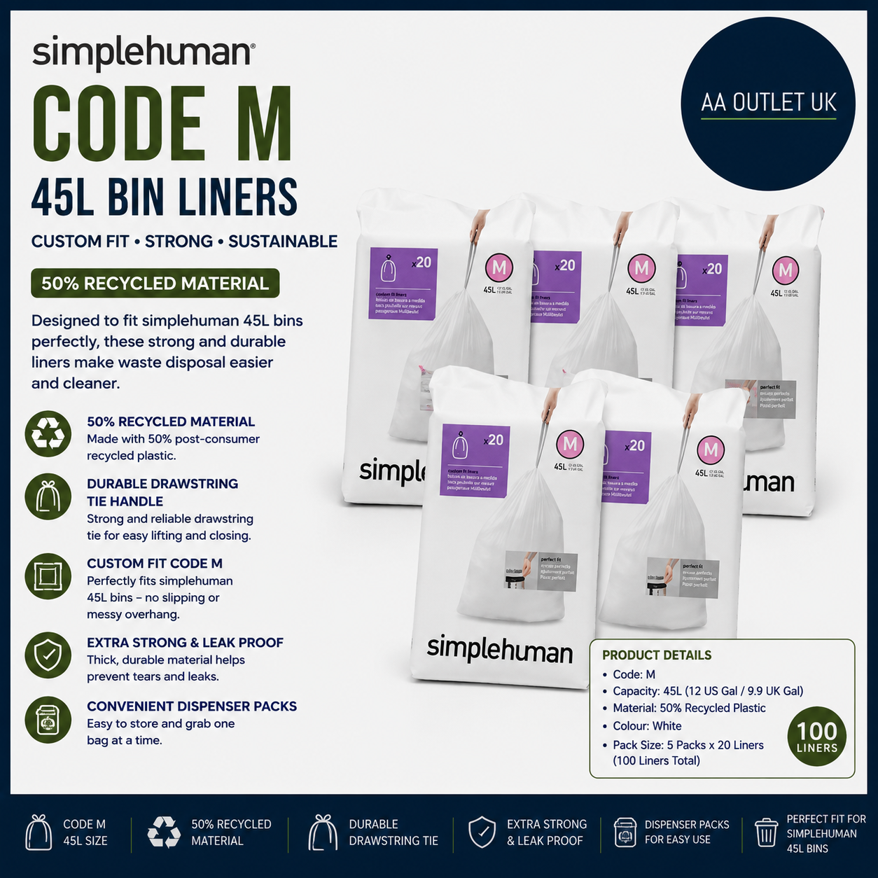 Simplehuman Code 100 Liners 50% Recycled Custom Fit Bin Trash Bag 40 To 45 Liter