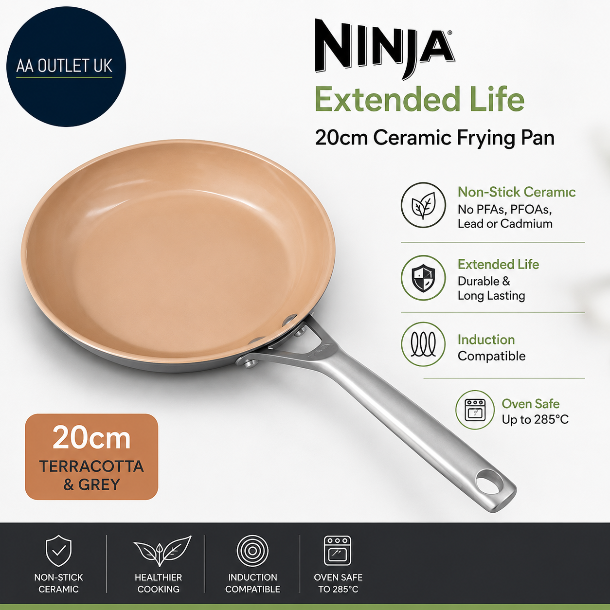 Ninja Extended Life 20cm Ceramic Frying Pan Non Stick No PFAs PFOAs Or Lead
