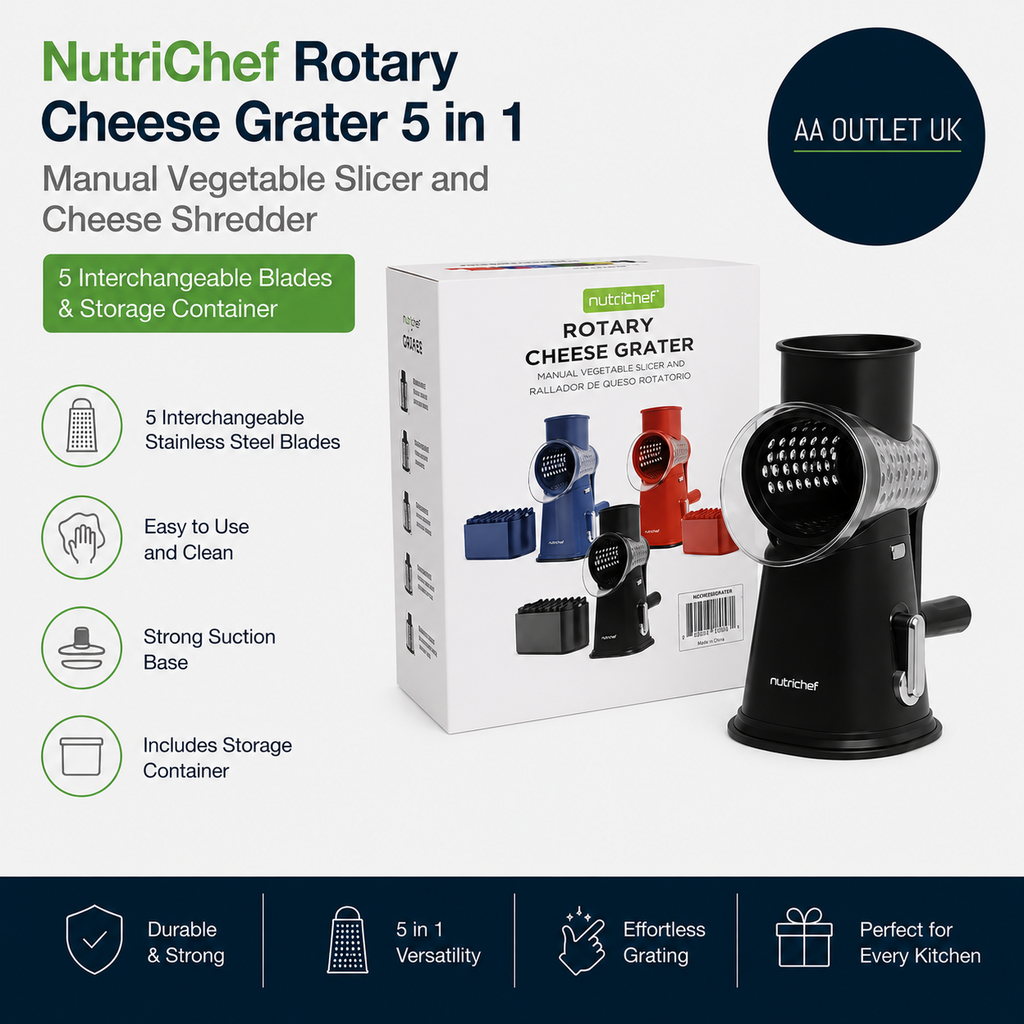 NutriChef Rotary Cheese Grater 5 In 1 Manual Vegetable Slicer Cheese Shredder
