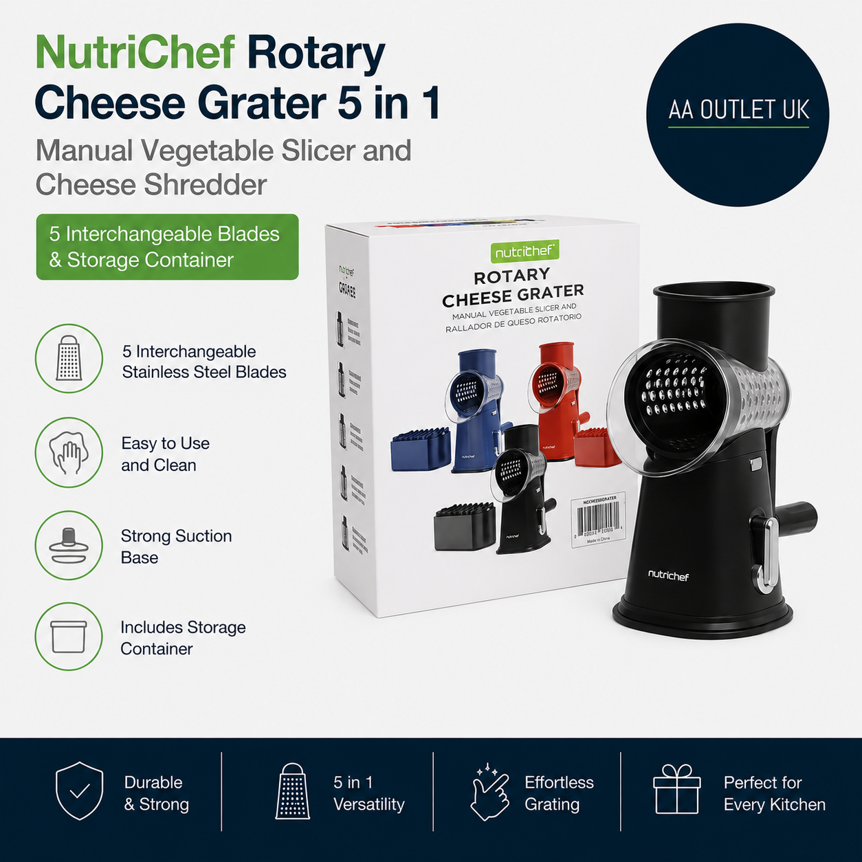 NutriChef Rotary Cheese Grater 5 In 1 Manual Vegetable Slicer Cheese Shredder