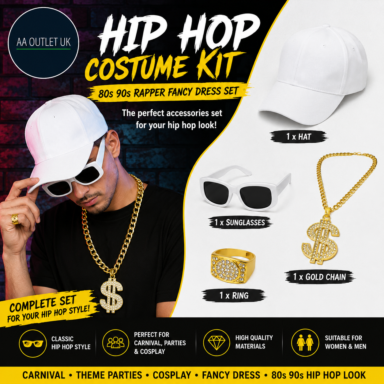 Hip Hop Costume Kit Rapper Cosplay Fancy Dress Set 80s 90s Hip Hop Accessories