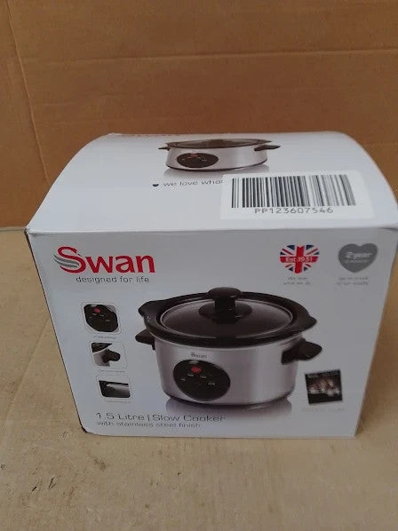 Swan SF17010N 1.5L Slow Cooker 3 Heat Settings Glass Lid 120W 220V 21x23x20cm