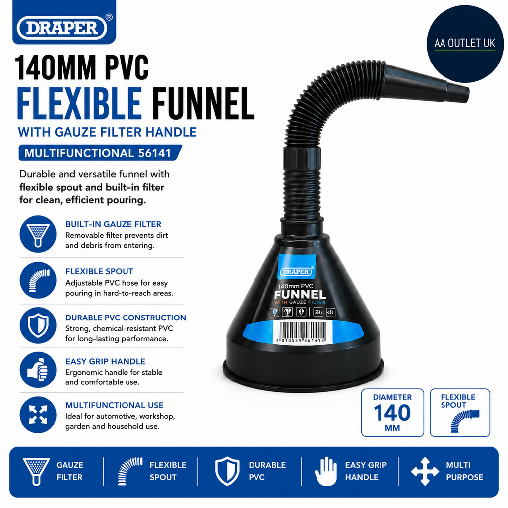 Draper 140mm PVC Flexible Funnel Gauze Filter Handle Multifunctional 56141 Black