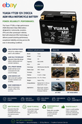 Yuasa YT12B 12V 210CCA Premium AGM Technology VRLA Motorcycle Battery Durable