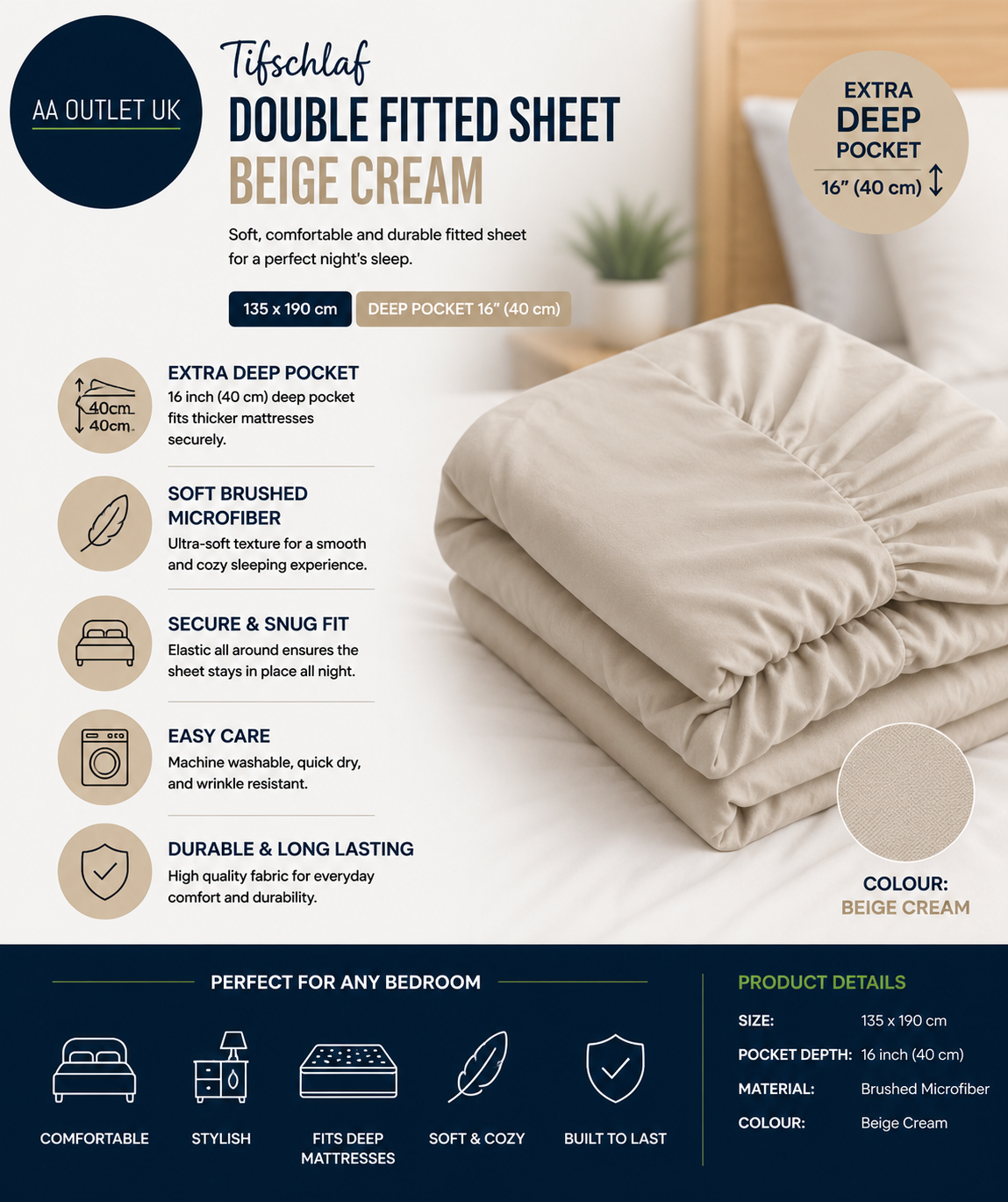 Tifschlaf Double Fitted Sheet Deep Pocket 16inch Beige Cream 135x190cm