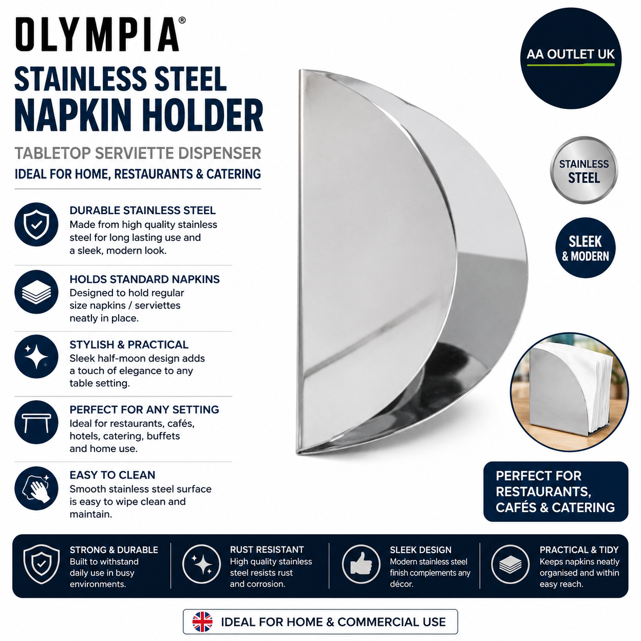 Olympia Stainless Steel Napkin Holder Tabletop Serviette Dispenser Catering