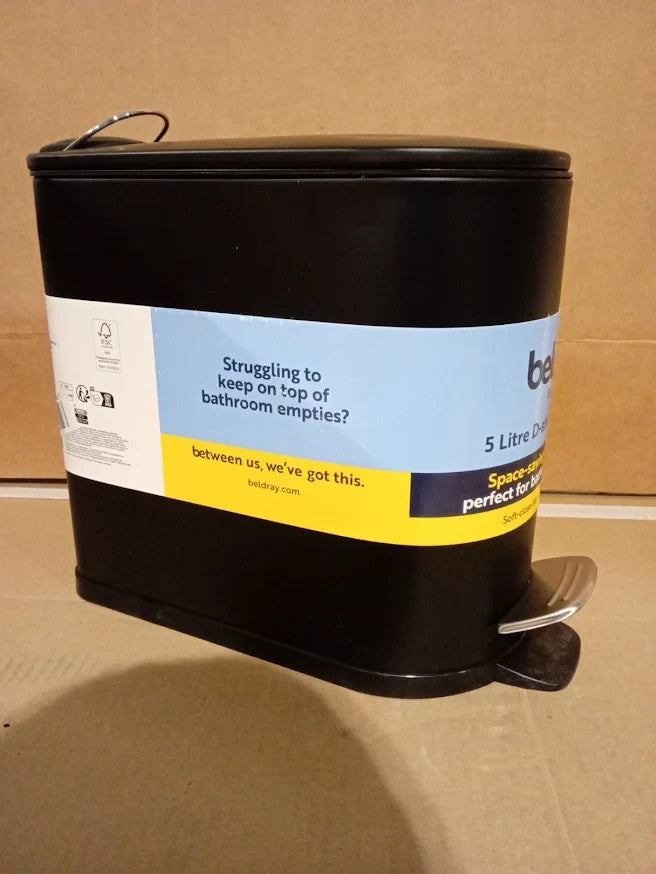 Beldray 5L Bathroom Pedal Bin Soft Close Lid Black D Shape Toilet Waste Bin