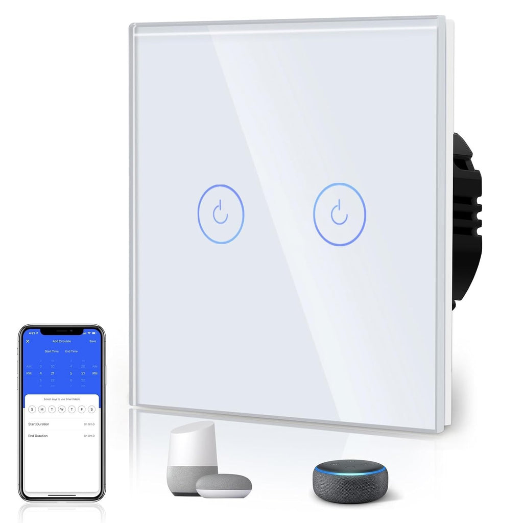 BSEED Smart Light Switch 2 Gang 1 Way Touch Glass Panel Alexa Google White New