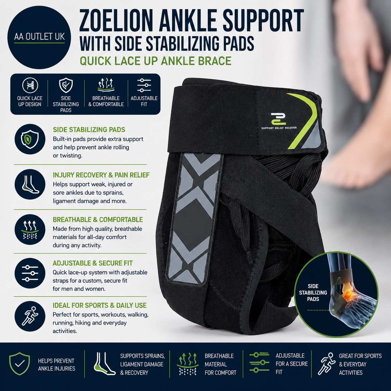 Zoelion Ankle Support Side Stabilizing Pads Quick Lace Up Ankle Brace Large