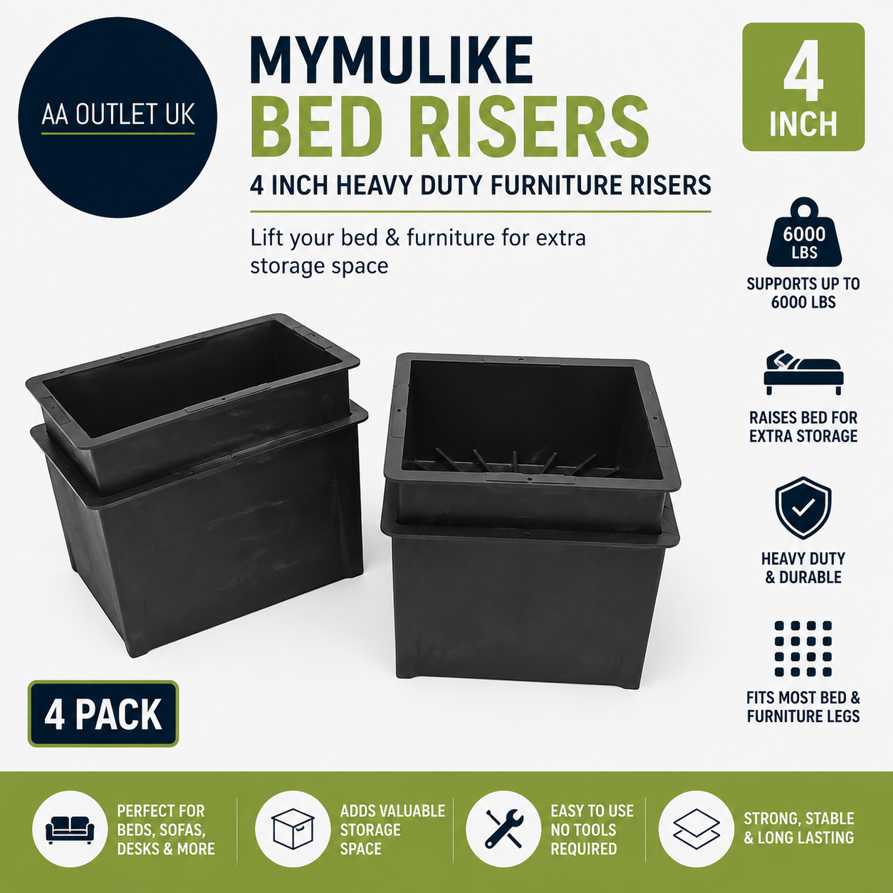 Mymulike Bed Risers 4Inch Heavy Duty Furniture Up to 6000Lbs Bed lifts