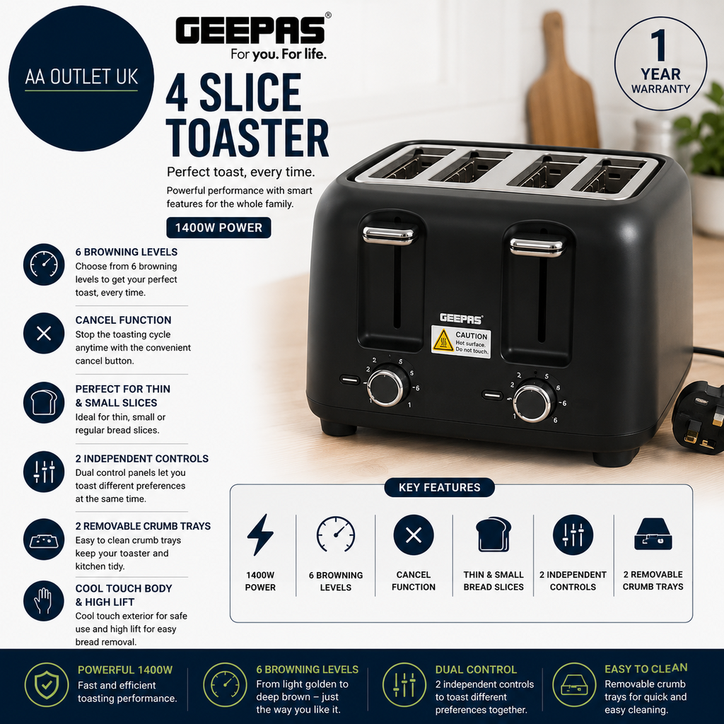 Geepas 4 Slice Toaster 6 Browning Levels With Cancel Function Cool Touch Black