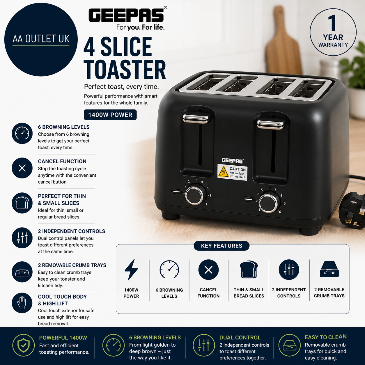 Geepas 4 Slice Toaster 6 Browning Levels With Cancel Function Cool Touch Black
