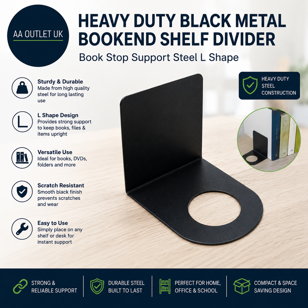 Heavy Duty Black Metal Bookend Shelf Divider Book Stop Support Steel L Shape New