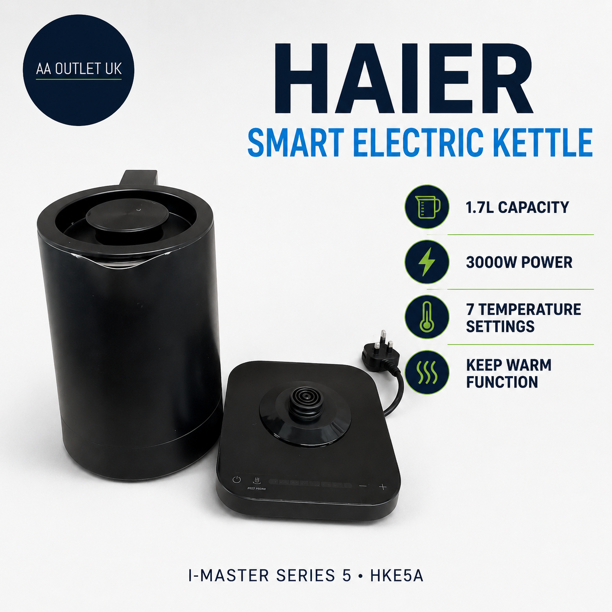 Haier 3000w Smart Electric Kettle 1.7L Touch Control With 7 Preset Black