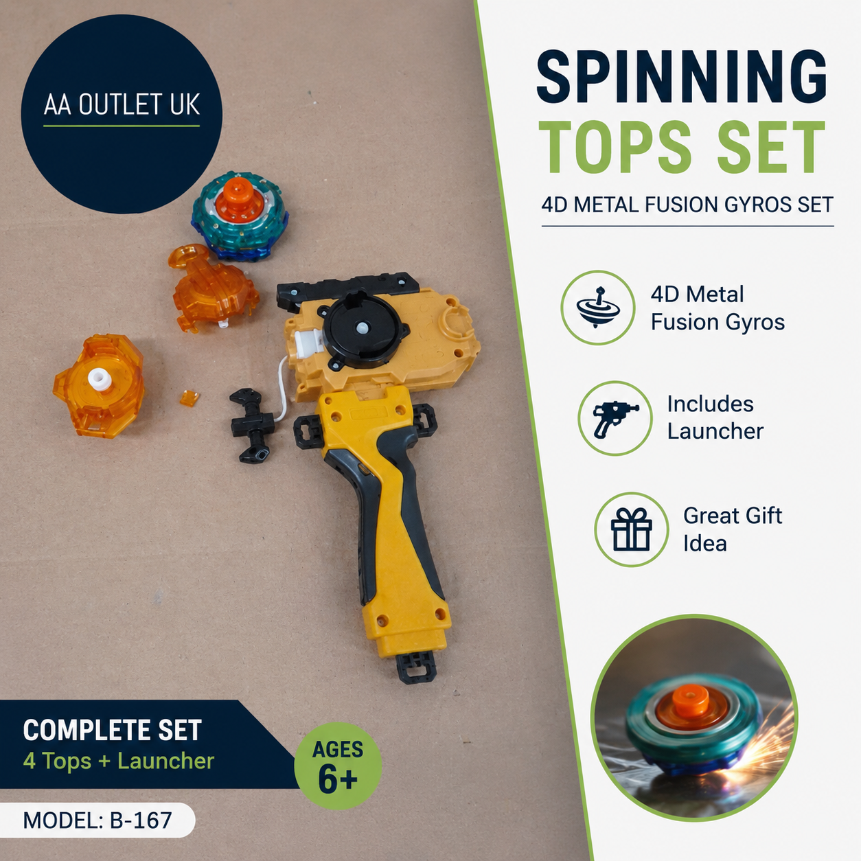 Mlywd Spinning Tops Set Launcher 4D Metal Fusion Gyros Gift B167 Yellow