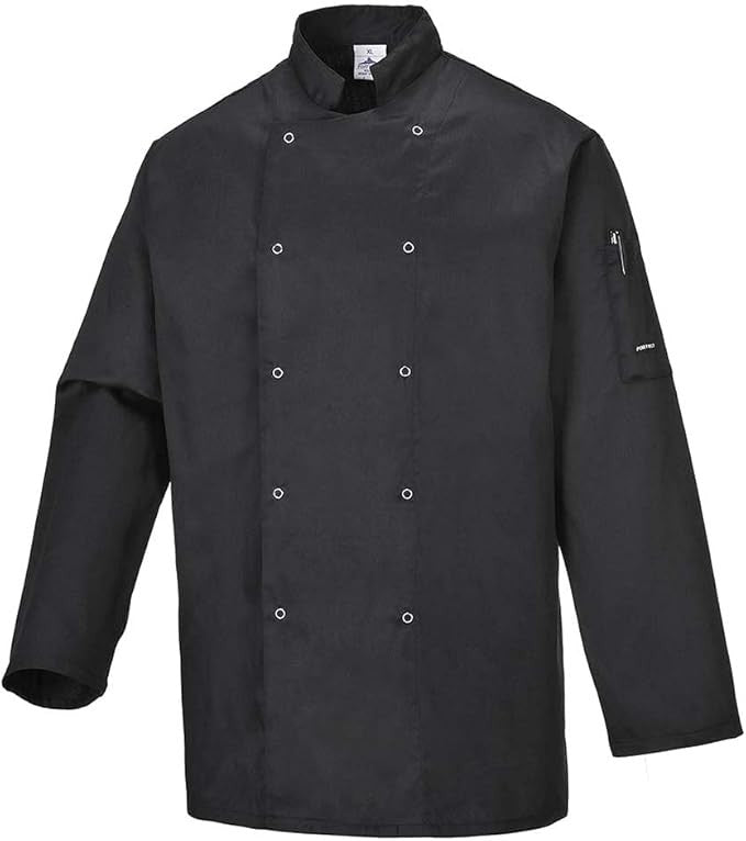 Portwest Suffolk Chefs Jacket Size Small Colour Black C833BKRS Pack 1 New
