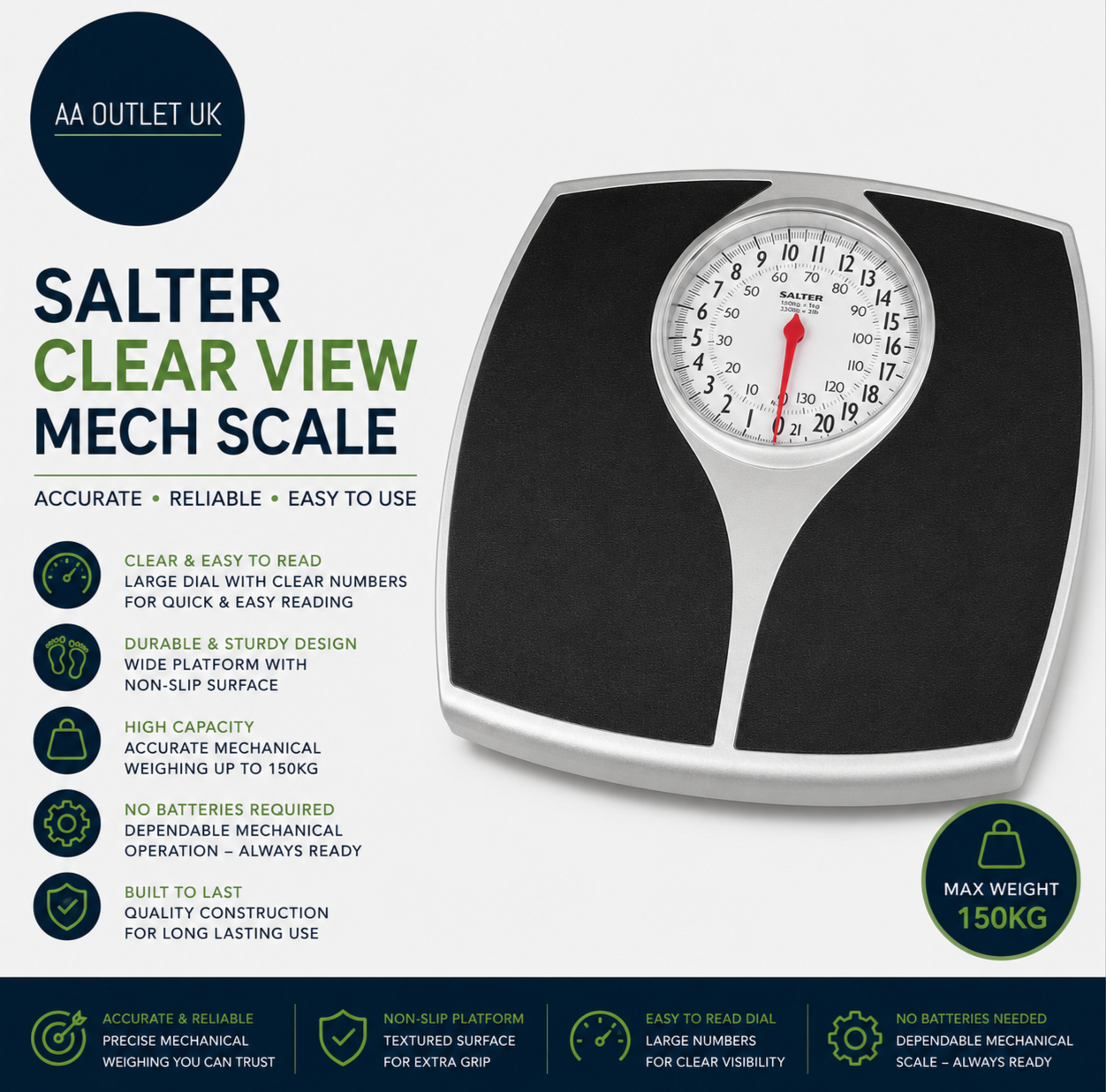Salter Mechanical Bathroom Clear View Scale Red Dial Black 5.5x30x30cm