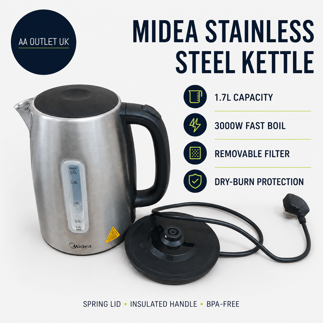 Midea Electric Kettle 3000w Fast Boil 1.7L Stainless Steel Kettle LED Indicator