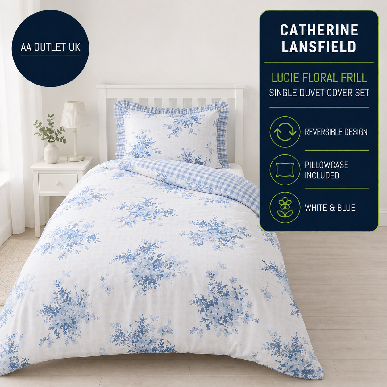 Catherine Lansfield Lucie Floral Frill Reversible Single Duvet Cover Set Single