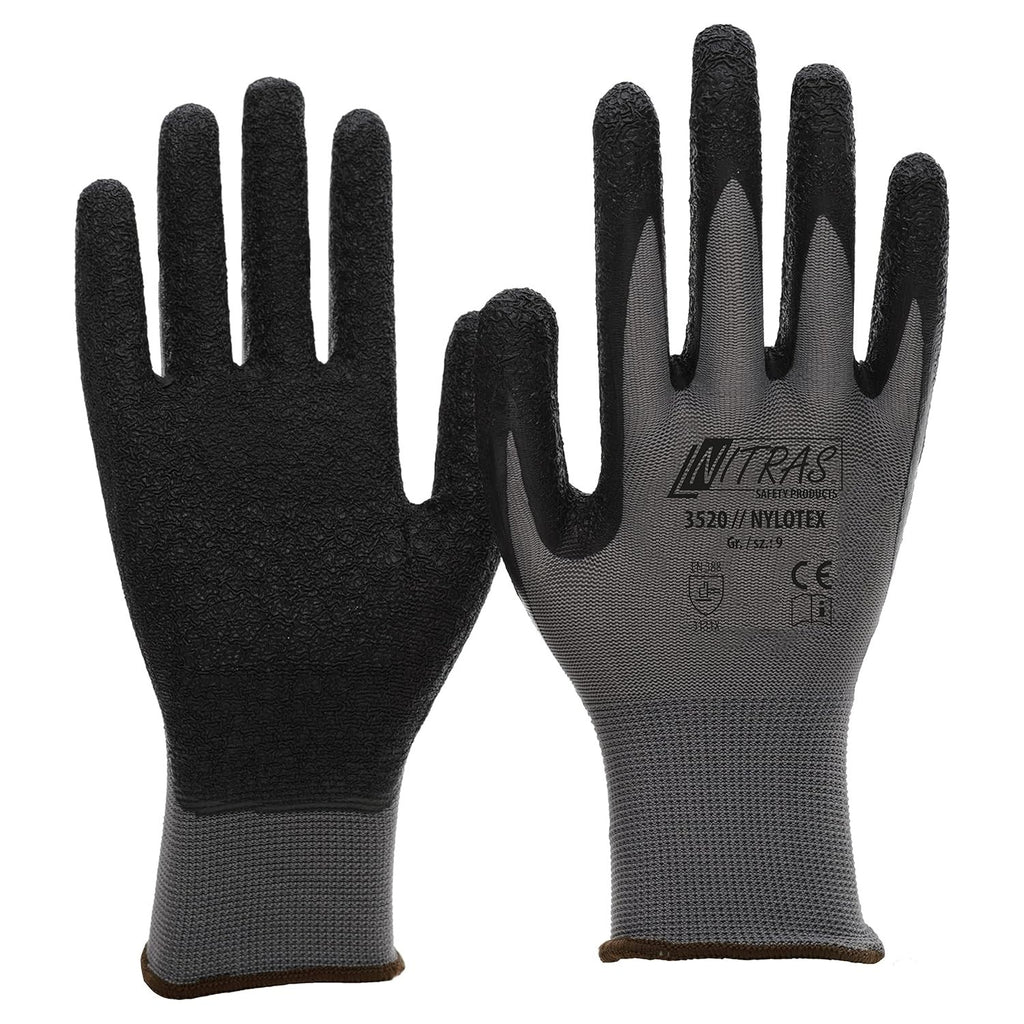Nitras Nylotex 3520 Nylon Latex Work Gloves Grey Black 9 XL