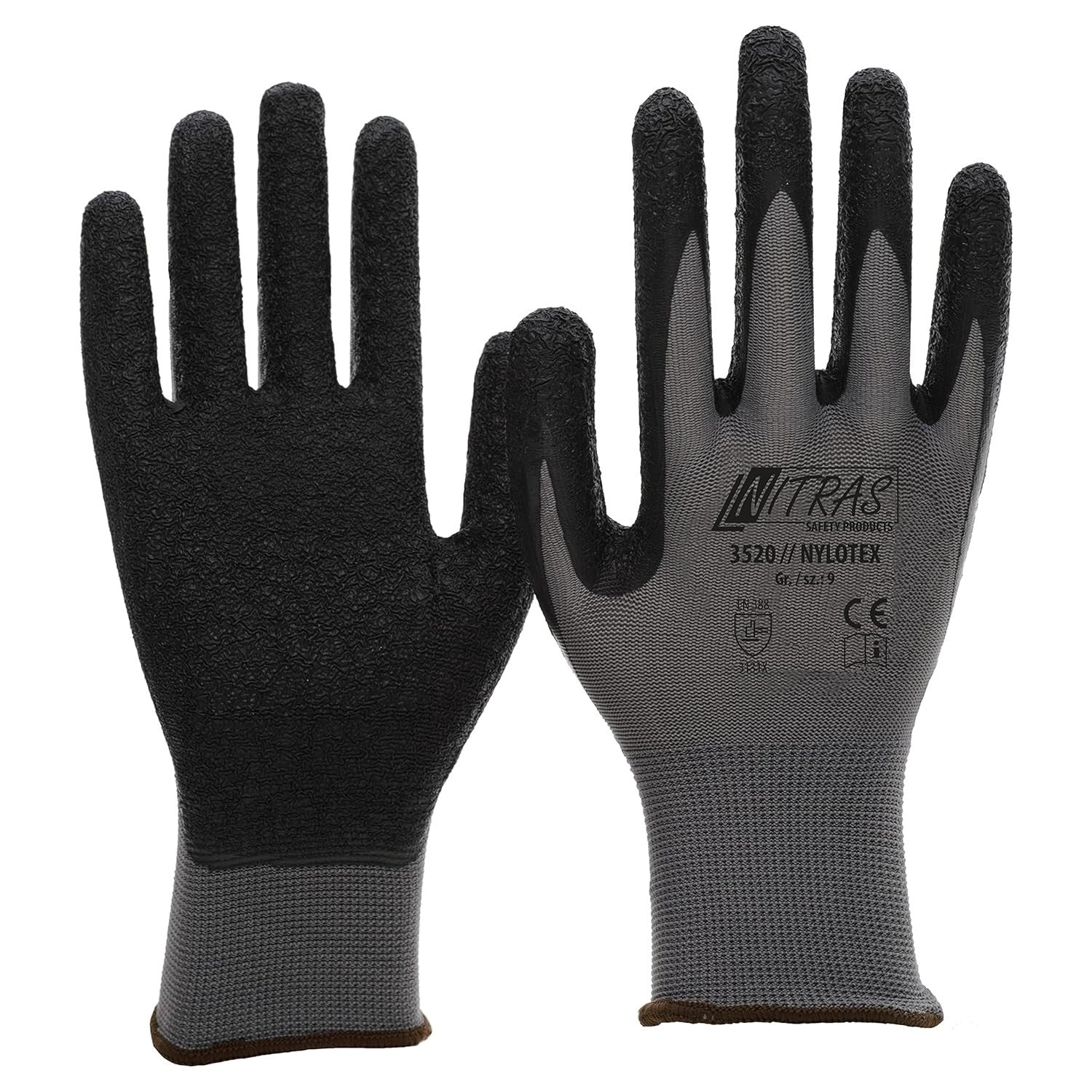 Nitras Nylotex 3520 Nylon Latex Work Gloves Grey Black 9 XL
