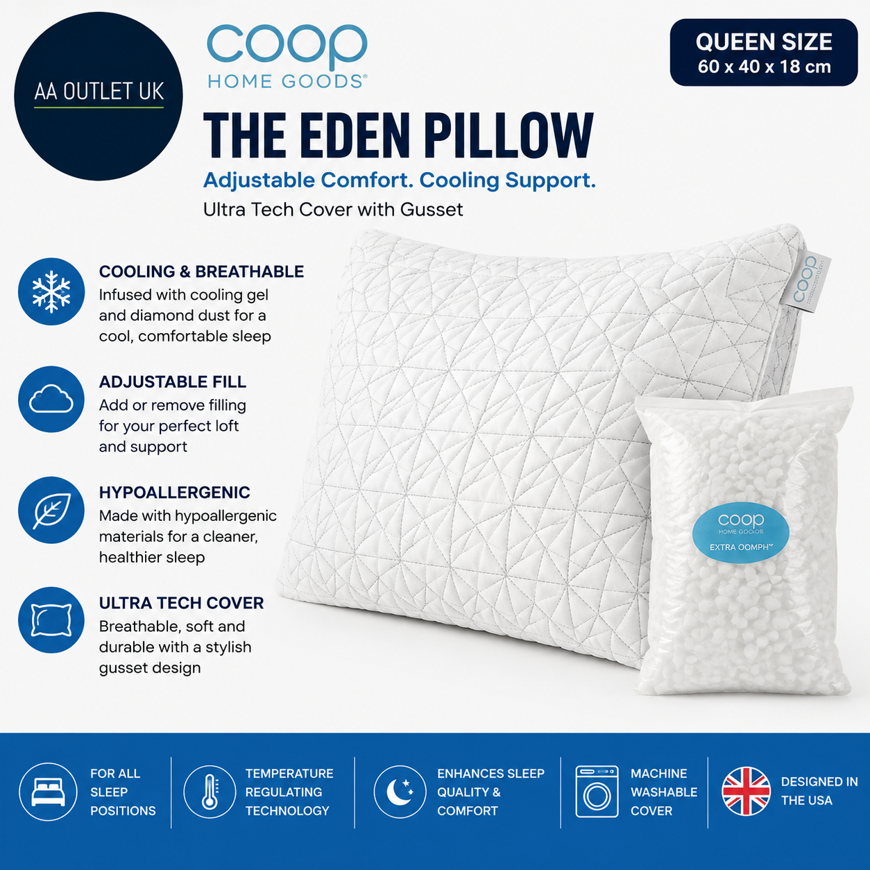Coop Home Goods The Eden Pillow Ultra Tech Cover Gusset Adjustable Queen Size