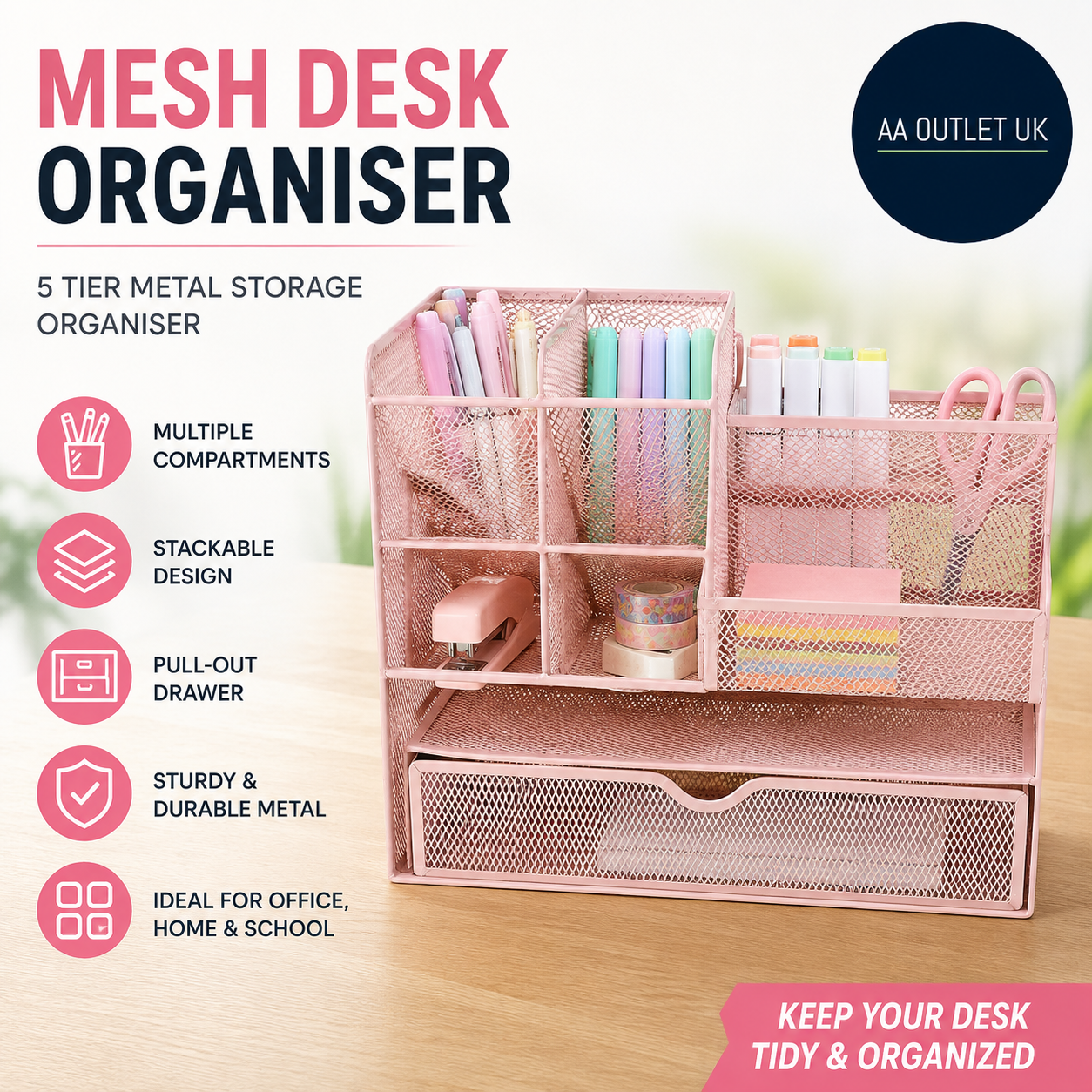 VITVITI Sturdy Mesh Desk Organiser Office Accessories Desk Stationery Pink