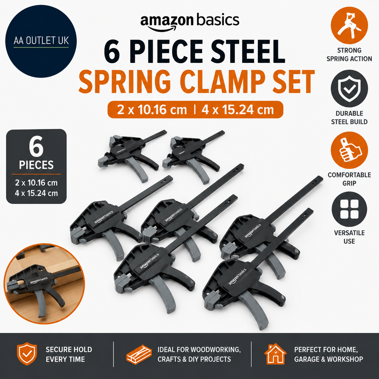 Amazon Basics 6pc Steel Spring Clamp Set 2pc 10.16cm 4 Piece 15.24cm Black Grey