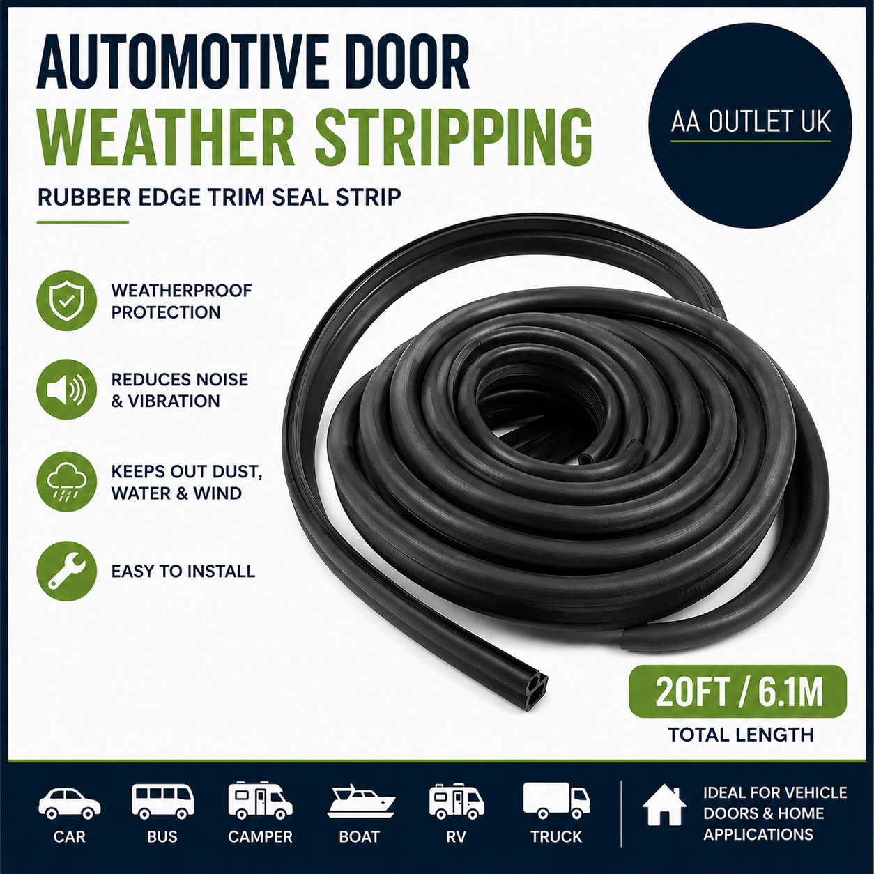 Automotive Door Weather Stripping 20Ft Car Rubber Edge Trim Seal Strip Gasket