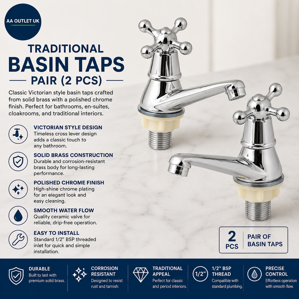 Traditional Basin Taps 2 Pieces Bathroom Solid Brass Sink Mixer Pillar Lever