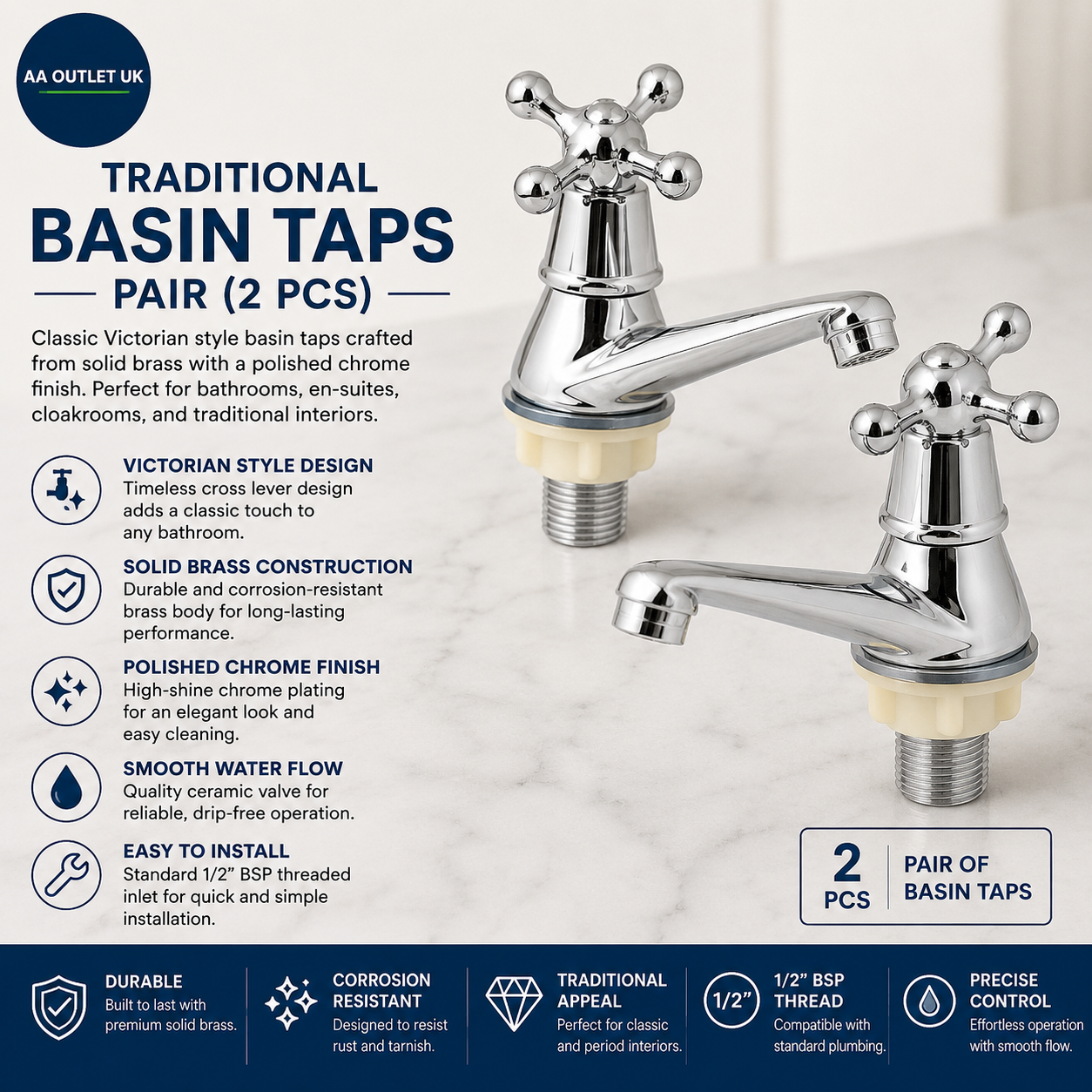 Traditional Basin Taps 2 Pieces Bathroom Solid Brass Sink Mixer Pillar Lever