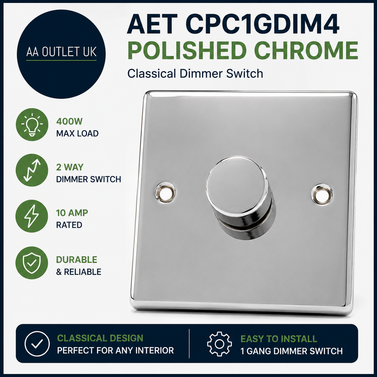 AET CPC1GDIM4 Polished Chrome Classical 400W 10 Amp Single 1 Gang 2 Way