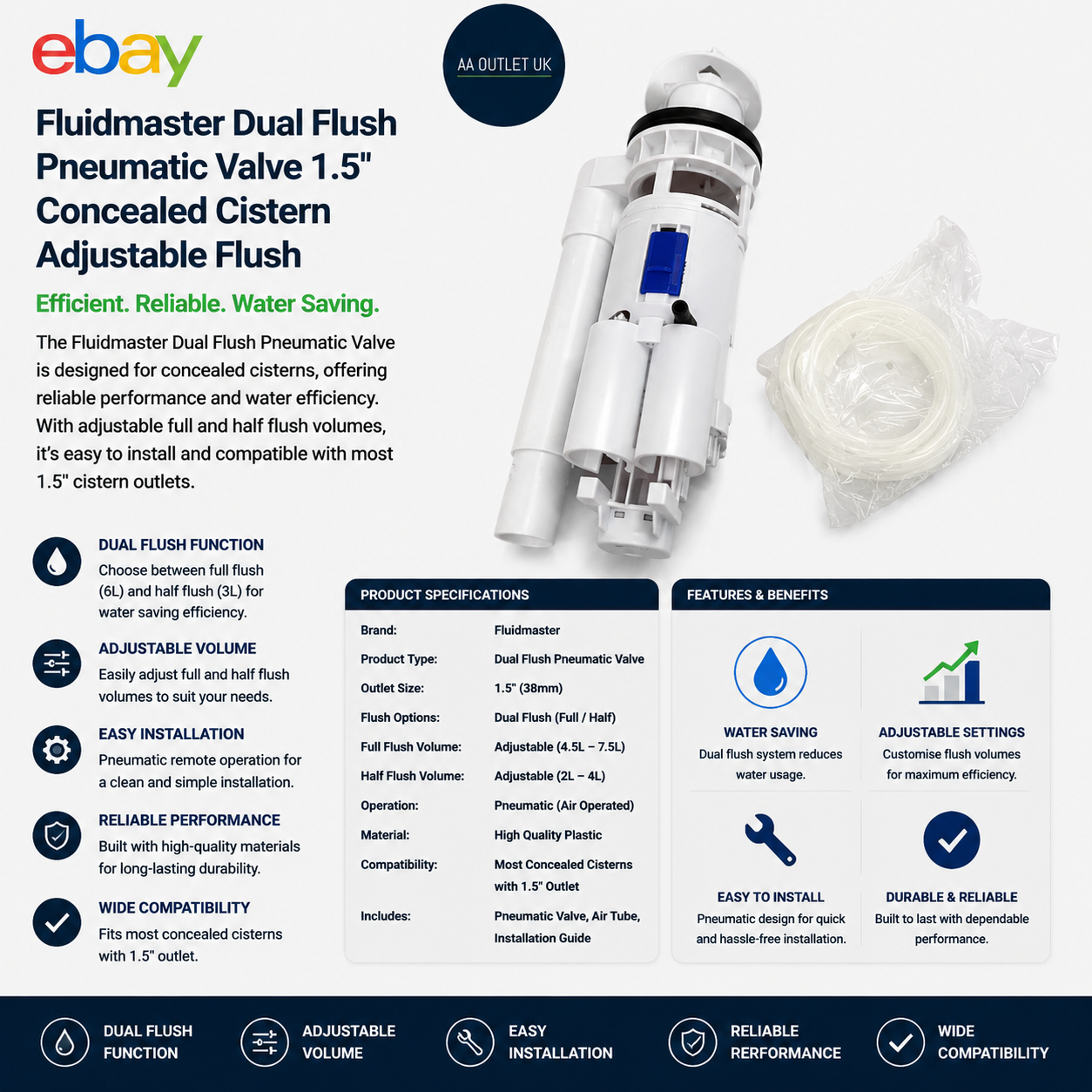 Fluidmaster Dual Flush Pneumatic Valve 1.5in Concealed Cistern Adjustable Flush