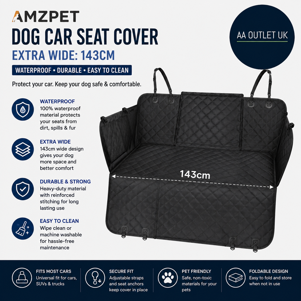 Amzpet Dog Blanket Car Seat Cover Extra Wide 143cm Seat Protector Waterproof