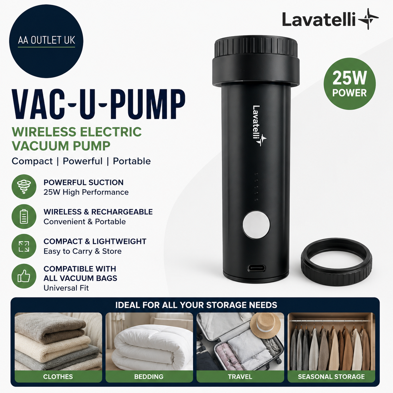 Lavatelli VAC U PUMP Wireless Electric Vacuum Storage Bags 25W Compact Black