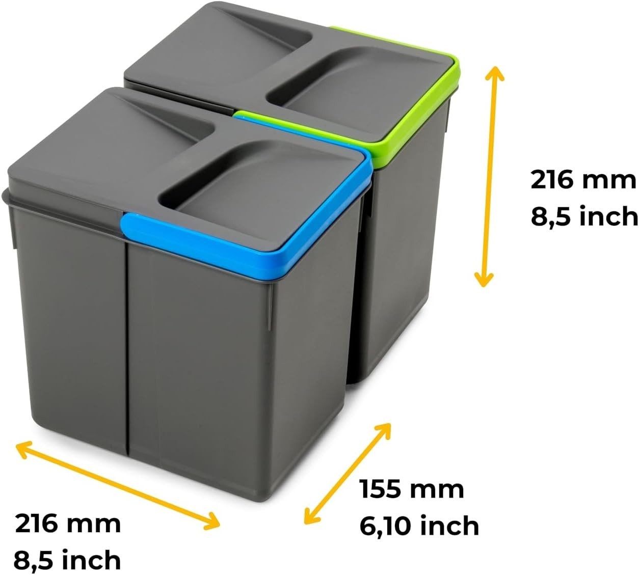 Emuca Waste Sorting Cut Out Base 2pc Bins 216mm 6L Capacity Grey