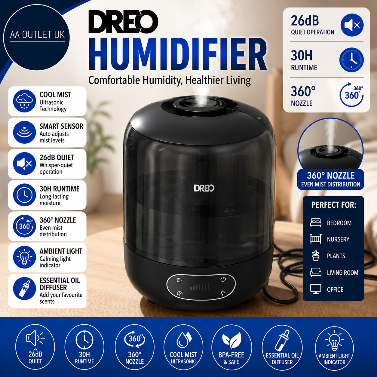 Dreo Humidifier Bedroom Sensor 26dB Quiet Cool Mist Ultrasonic