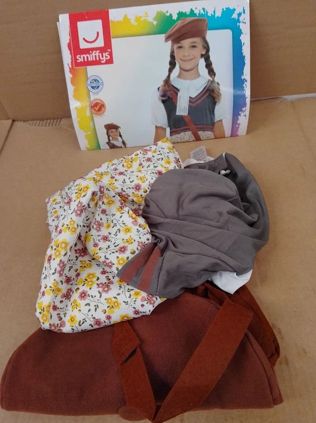 Smiffys Evacuee School Girl Costume Grey Dress Hat Bag Name Tag Halloween New