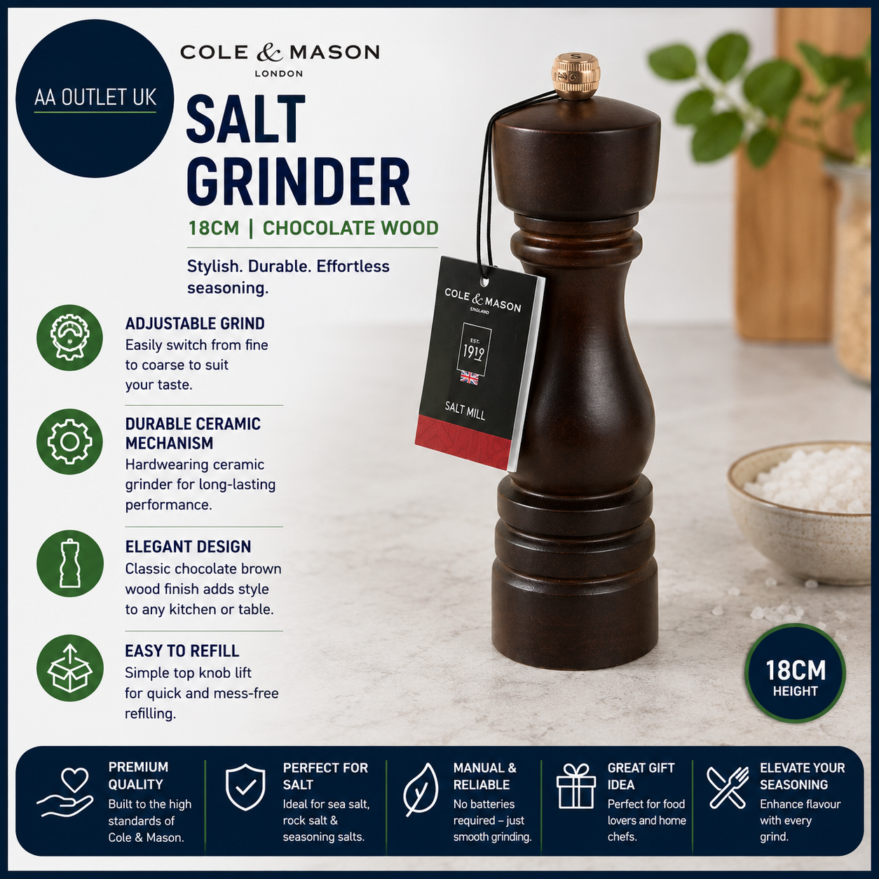 Cole & Mason London Salt Grinder Chocolate Wood 18cm Adjustable Manual Mechanism