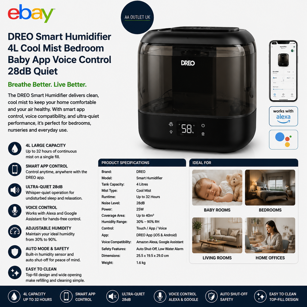 DREO Smart Humidifier 4L Cool Mist Bedroom Baby App Voice Control 28dB Quiet