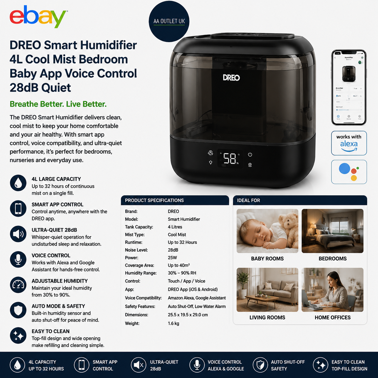 DREO Smart Humidifier 4L Cool Mist Bedroom Baby App Voice Control 28dB Quiet