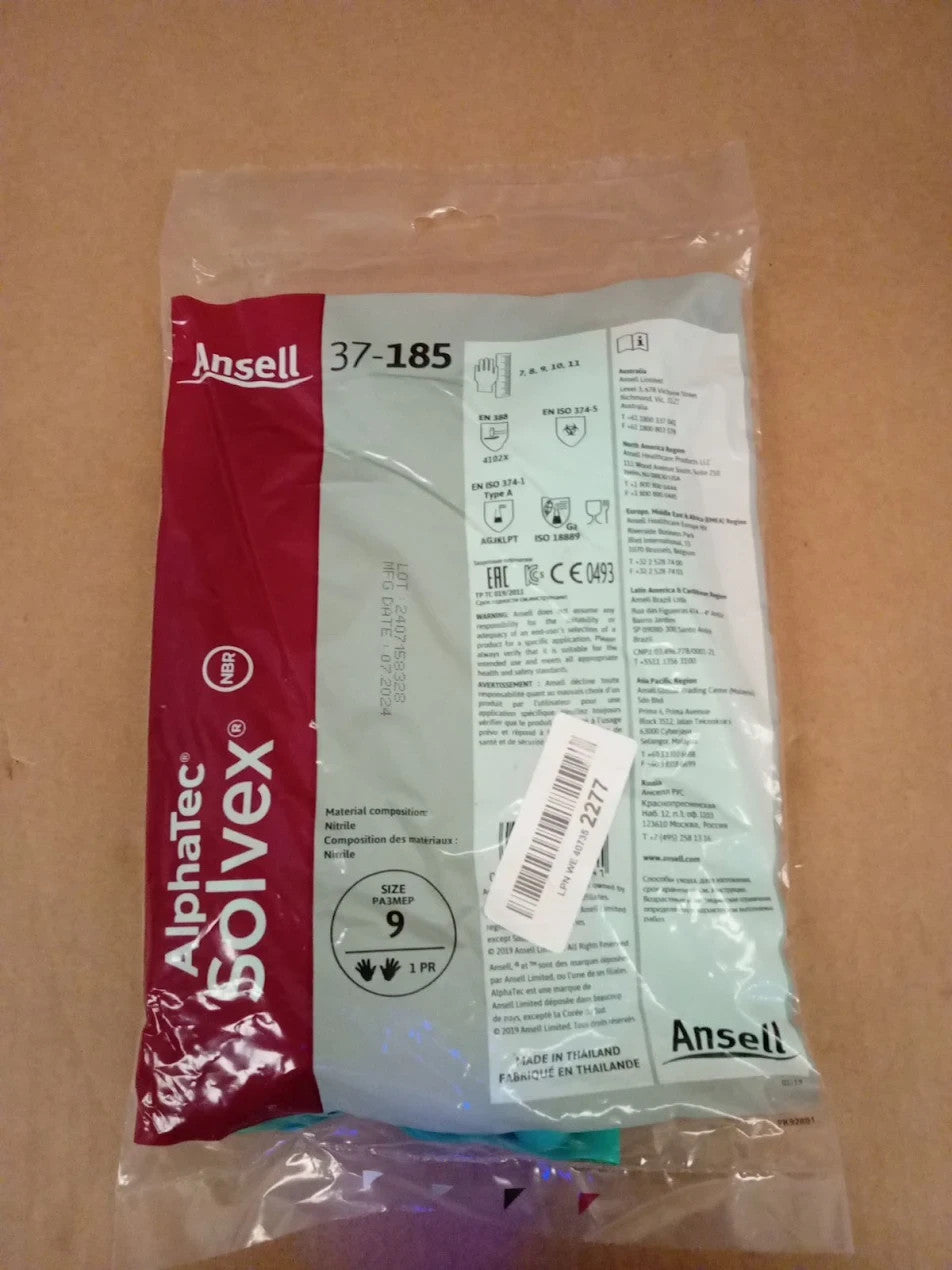 Ansell AlphaTec 37185 Chemical Resistant Nitrile Gloves Pair Size 9 Large New